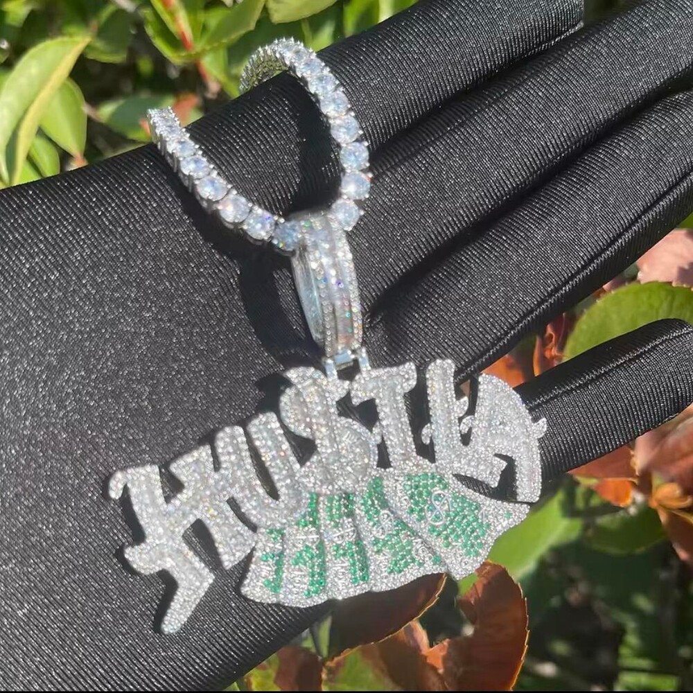 Iced Out Hustla Money Bag Pendant with 20 Inch Tennis Chain